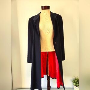 CARLA ZAMPATTI Virgin wool unbelted  navy trench,bright orange lining.Size Large
